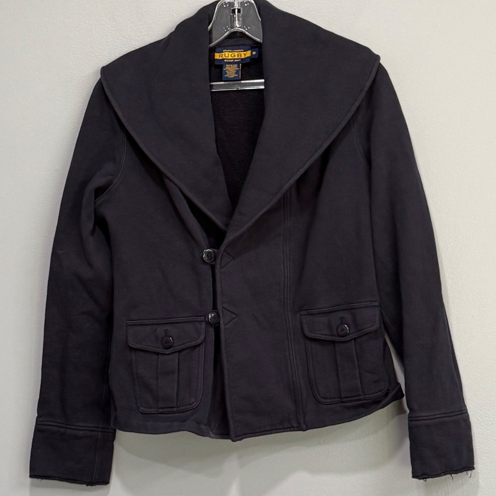 vtg Ralph Lauren Rugby Navy Blue Knit Shawl Collar Blazer Jacket Womens Medium